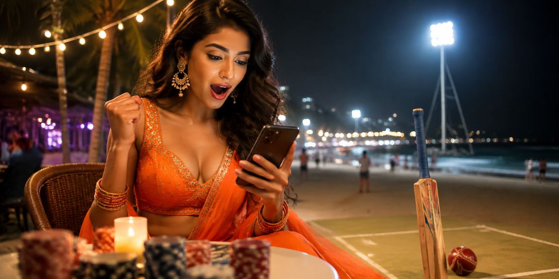Player enjoying live casino games on mobile by Indian beachside