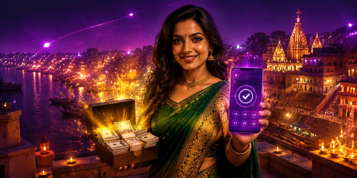 Modern mobile payment usage in scenic Indian city by Varanasi Ghat